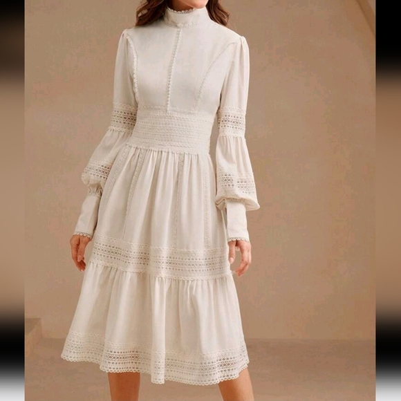 Dresses & Skirts - Elegant French Palace Style Lantern Sleeve Patchwork Waist Cinched Dress